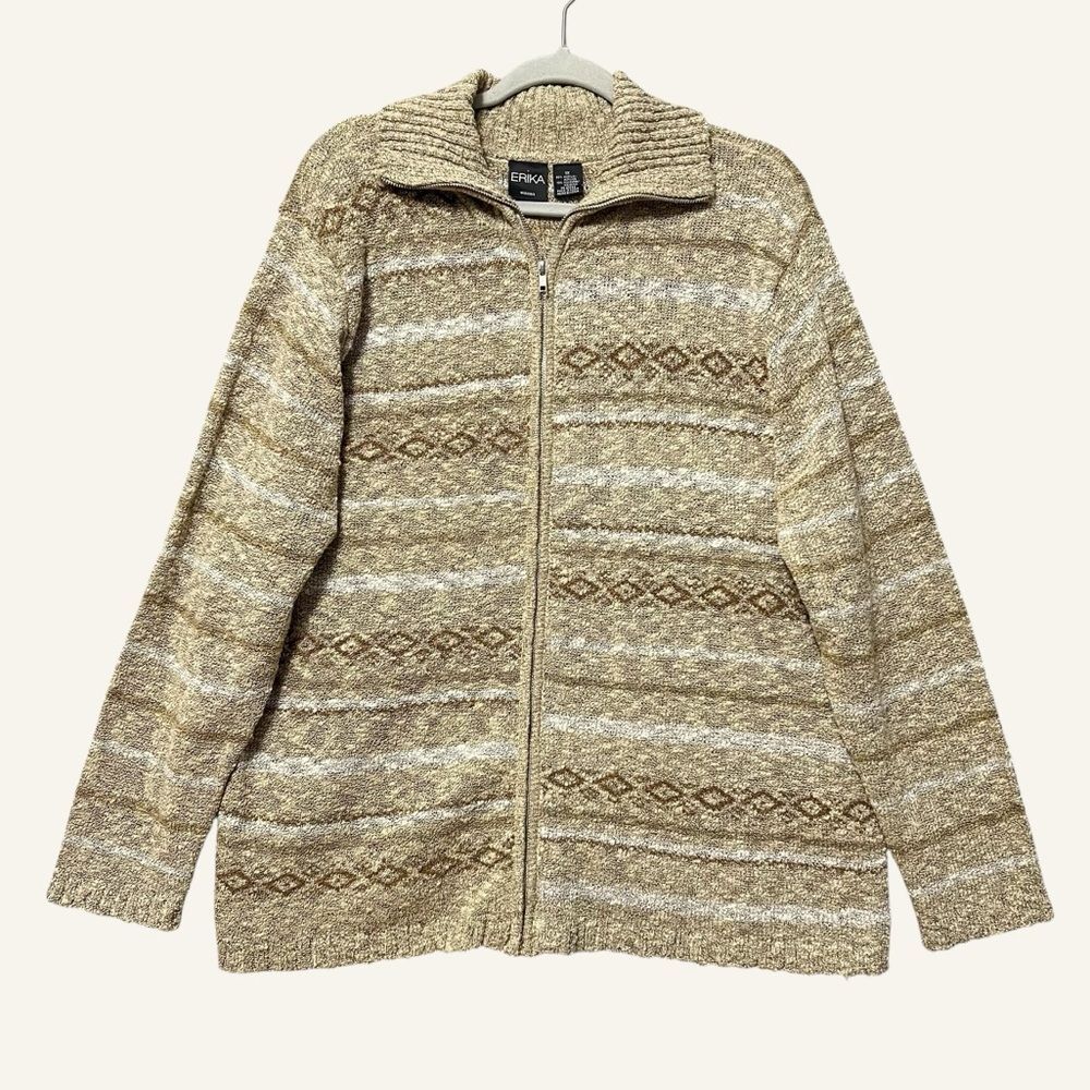 Erika Zip Up Textured Lightweight Sweater Size 1X Tan Aztec Western